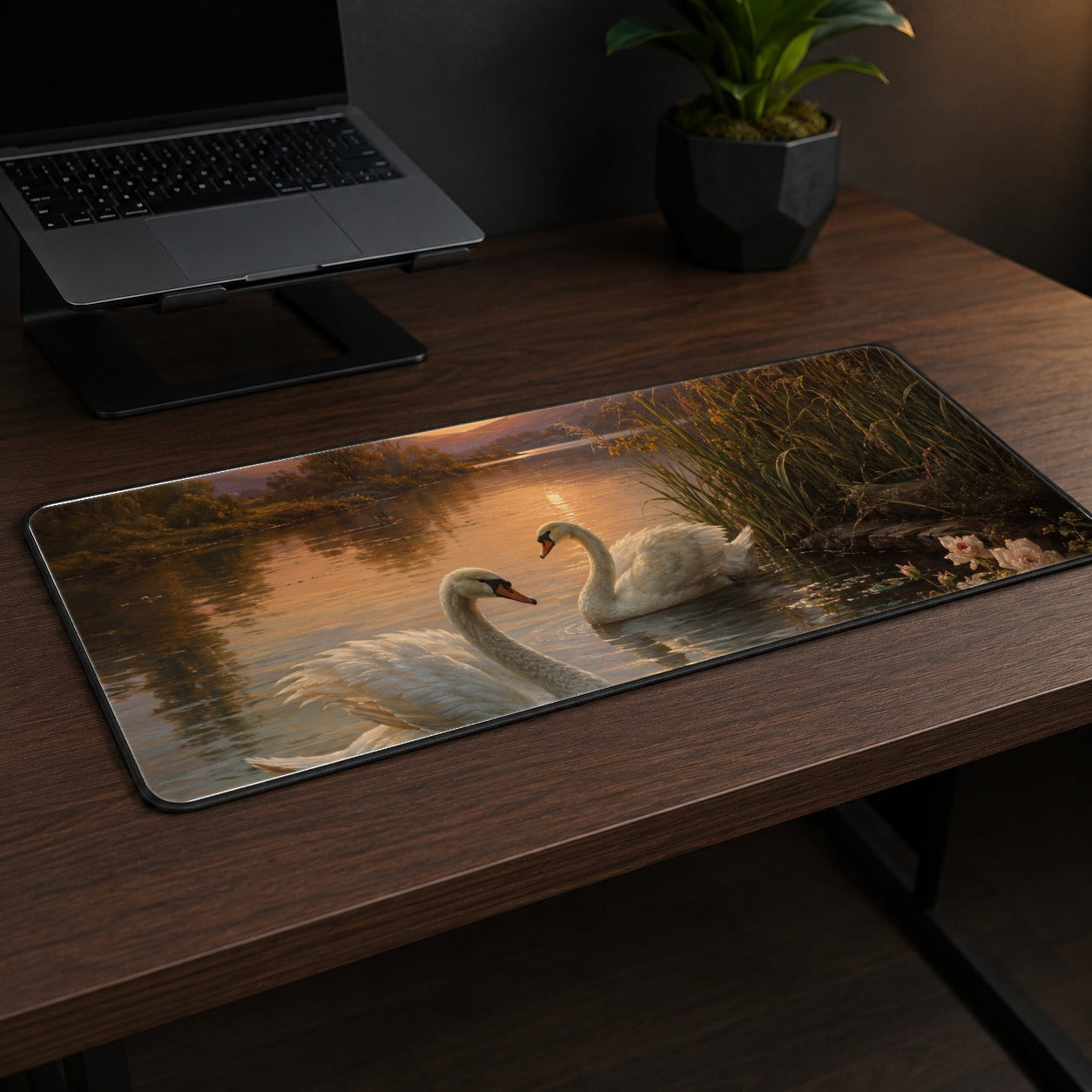 #pl[31.5x11.8 Inch (80x30cm)|Multicolor] Swan Lake Sunset Desk Mat 31.5x11.8 Inch, Romantic Water Landscape