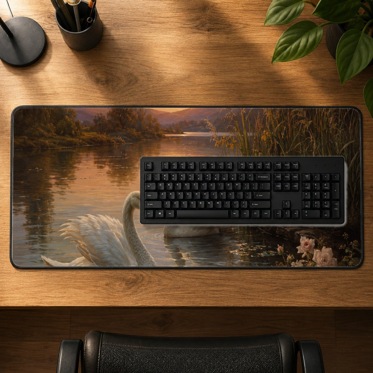 #pl[31.5x11.8 Inch (80x30cm)|Multicolor] Swan Lake Sunset Desk Mat 31.5x11.8 Inch, Romantic Water Landscape