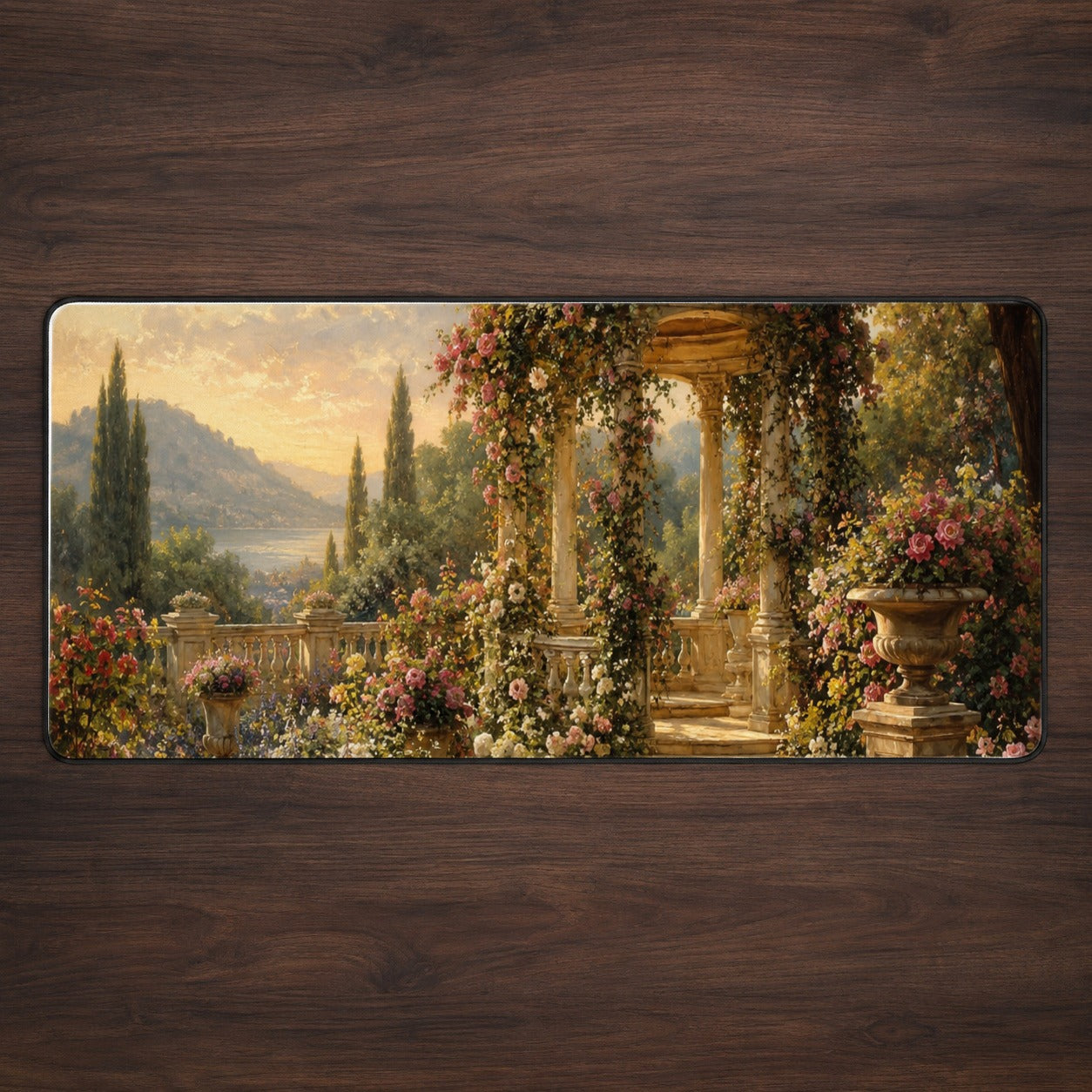 Rose Garden Gazebo Desk Mat 31.5x11.8 Inch, Lakeside Floral Scene