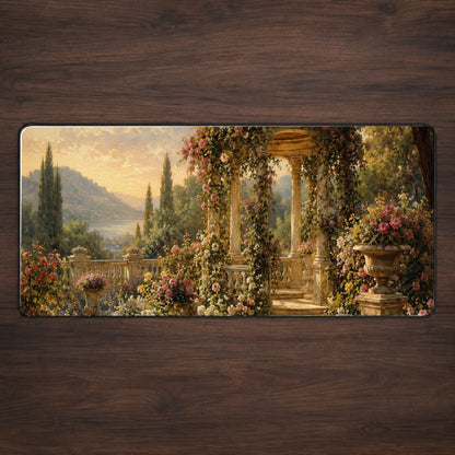Rose Garden Gazebo Desk Mat 31.5x11.8 Inch, Lakeside Floral Scene