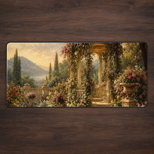 Rose Garden Gazebo Desk Mat 31.5x11.8 Inch, Lakeside Floral Scene