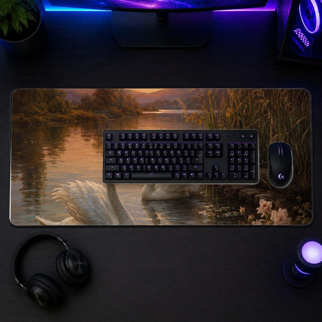 #pl[31.5x11.8 Inch (80x30cm)|Multicolor] Swan Lake Sunset Desk Mat 31.5x11.8 Inch, Romantic Water Landscape