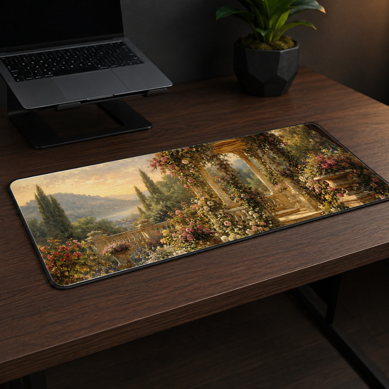 #pl[31.5x11.8 Inch (80x30cm)|Multicolor] Rose Garden Gazebo Desk Mat 31.5x11.8 Inch, Lakeside Floral Scene