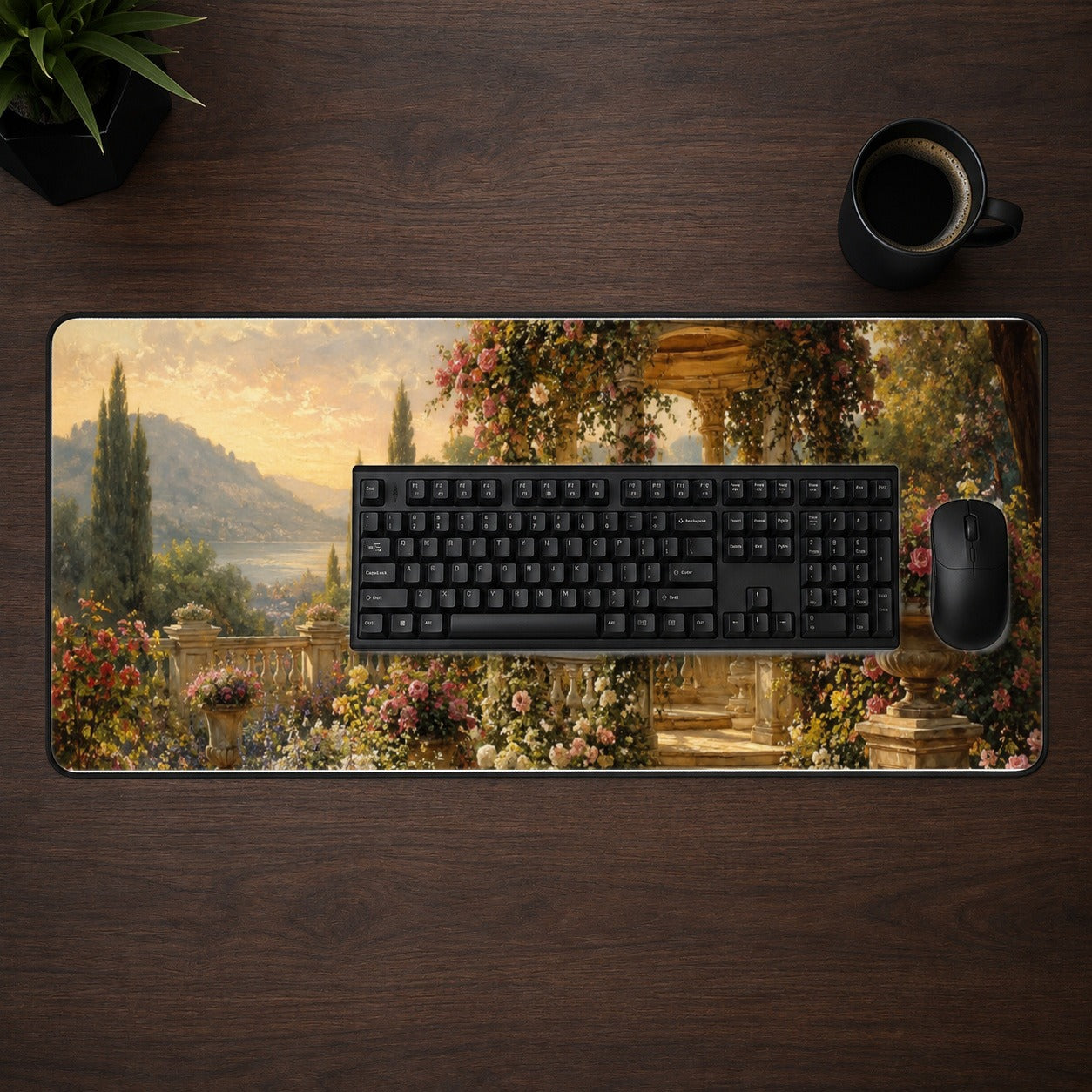 #pl[31.5x11.8 Inch (80x30cm)|Multicolor] Rose Garden Gazebo Desk Mat 31.5x11.8 Inch, Lakeside Floral Scene
