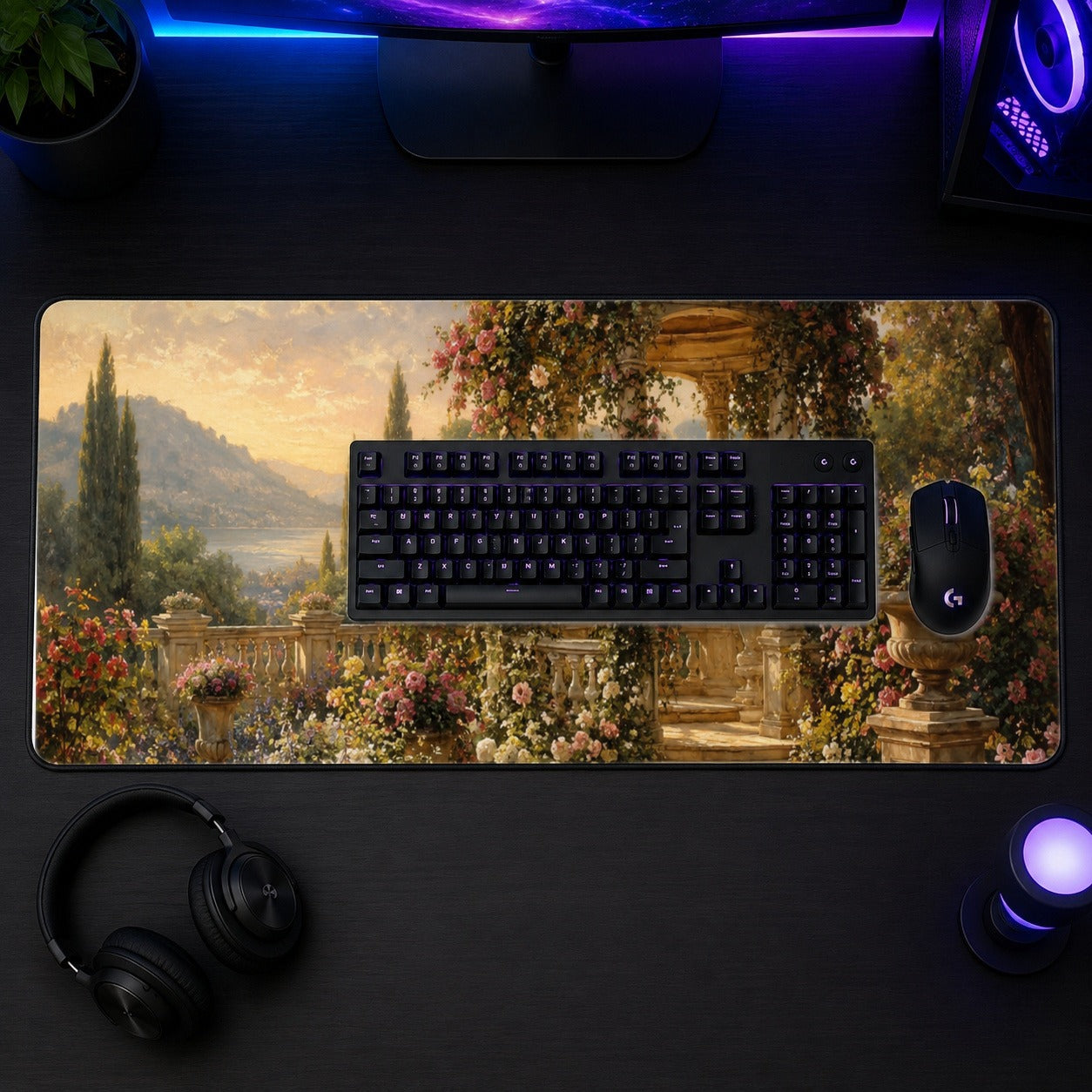 #pl[31.5x11.8 Inch (80x30cm)|Multicolor] Rose Garden Gazebo Desk Mat 31.5x11.8 Inch, Lakeside Floral Scene
