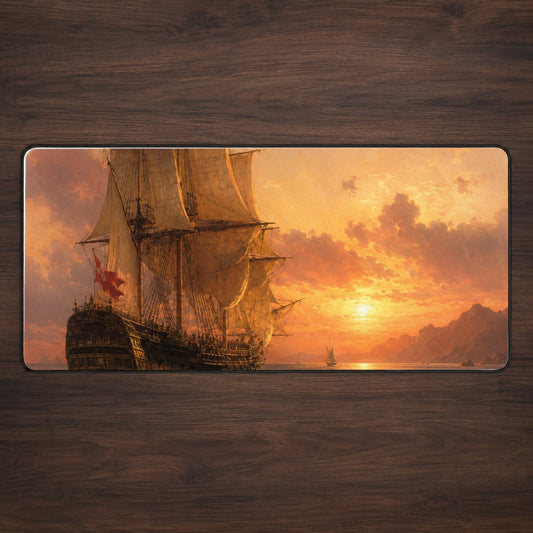 Tall Ship Sunset Desk Mat 31.5x11.8 Inch, Vintage Sailing Seascape