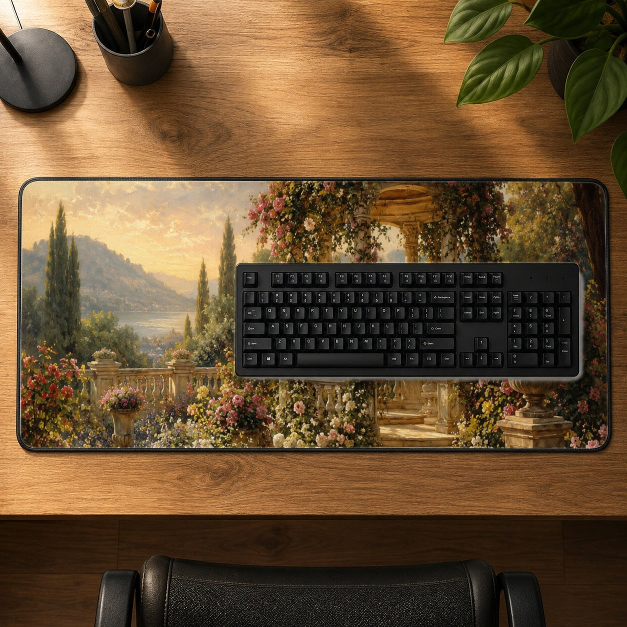 #pl[31.5x11.8 Inch (80x30cm)|Multicolor] Rose Garden Gazebo Desk Mat 31.5x11.8 Inch, Lakeside Floral Scene