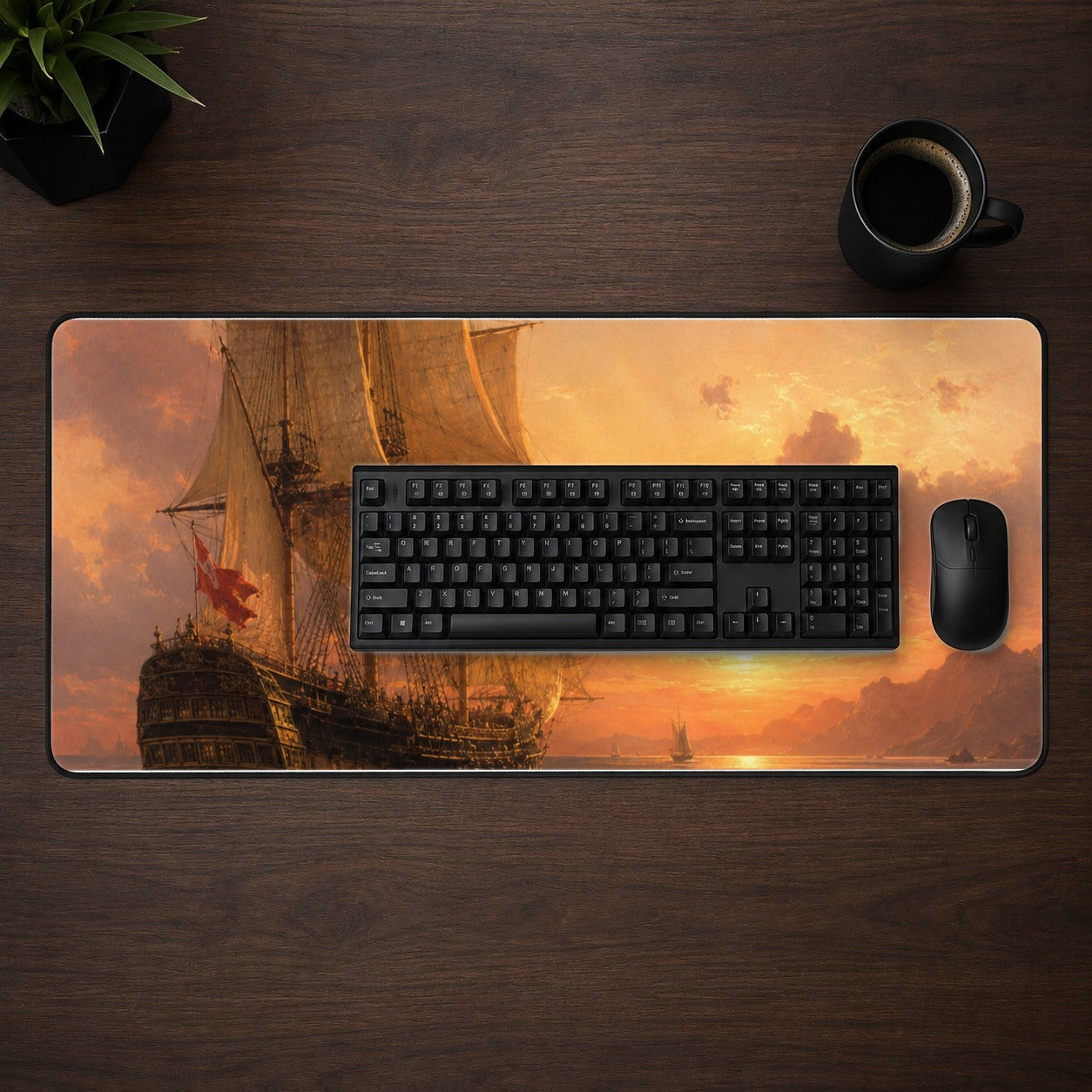 #pl[31.5x11.8 Inch (80x30cm)|Multicolor] Tall Ship Sunset Desk Mat 31.5x11.8 Inch, Vintage Sailing Seascape