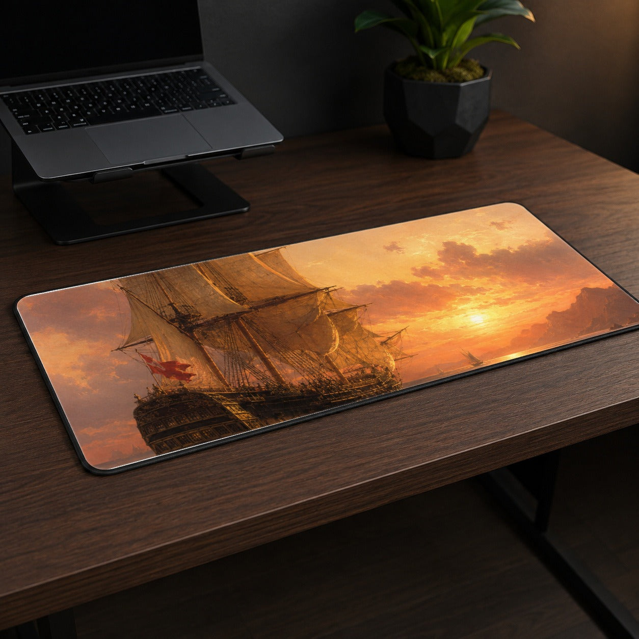 #pl[31.5x11.8 Inch (80x30cm)|Multicolor] Tall Ship Sunset Desk Mat 31.5x11.8 Inch, Vintage Sailing Seascape