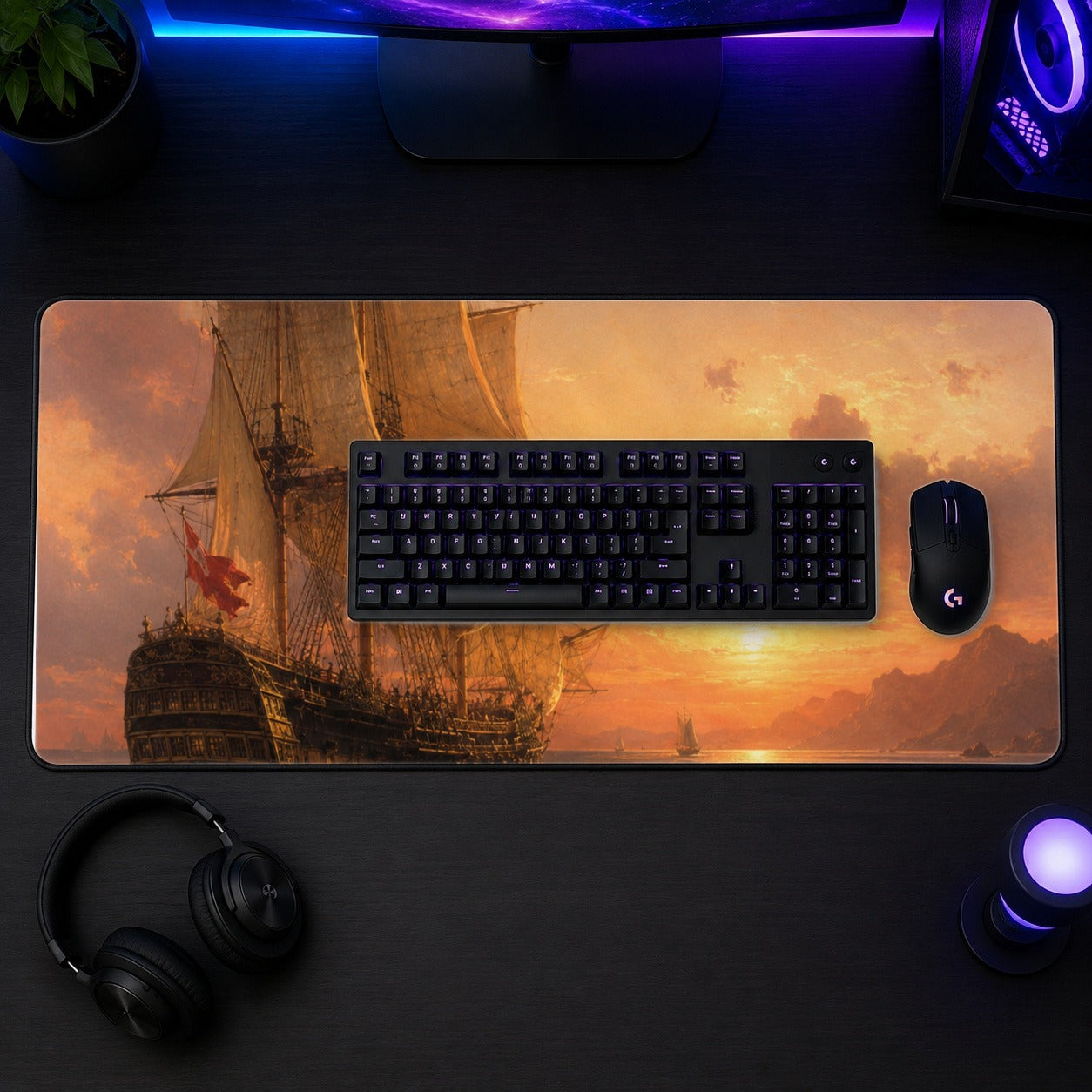 #pl[31.5x11.8 Inch (80x30cm)|Multicolor] Tall Ship Sunset Desk Mat 31.5x11.8 Inch, Vintage Sailing Seascape