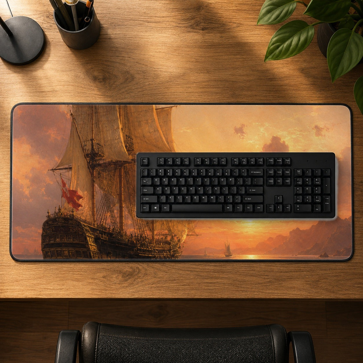 #pl[31.5x11.8 Inch (80x30cm)|Multicolor] Tall Ship Sunset Desk Mat 31.5x11.8 Inch, Vintage Sailing Seascape