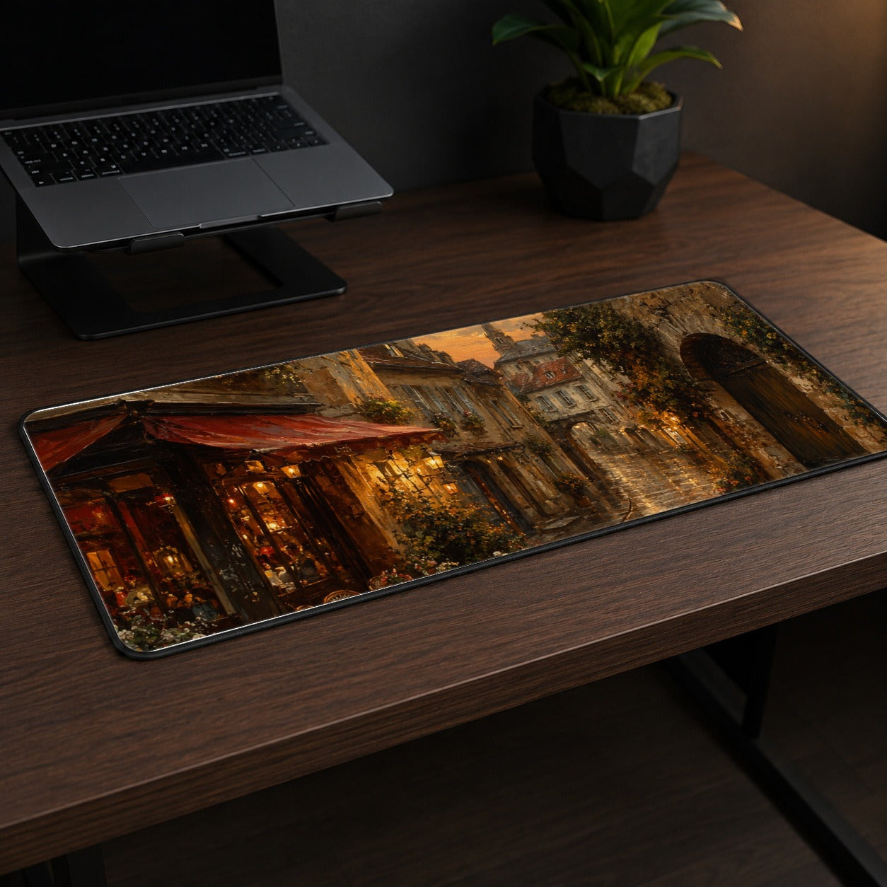 #pl[31.5x11.8 Inch (80x30cm)|Multicolor] Rainy Old Town Desk Mat 31.5x11.8 Inch, European Cafe Street Scene