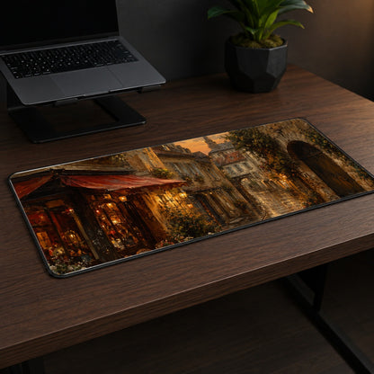 #pl[31.5x11.8 Inch (80x30cm)|Multicolor] Rainy Old Town Desk Mat 31.5x11.8 Inch, European Cafe Street Scene