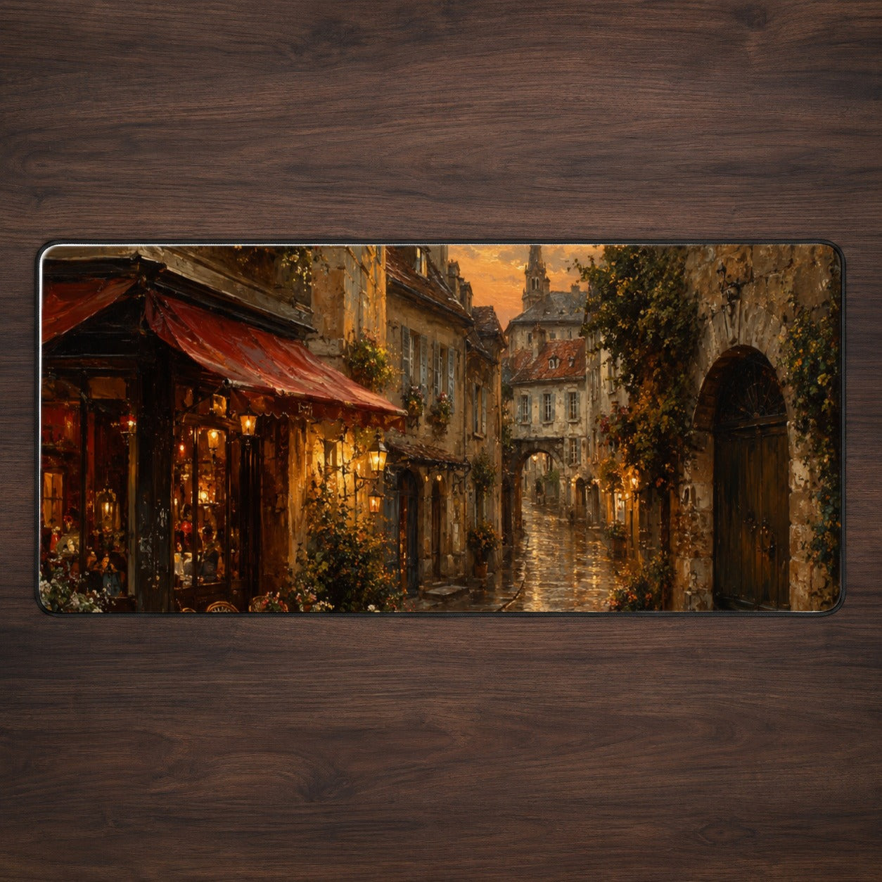Rainy Old Town Desk Mat 31.5x11.8 Inch, European Cafe Street Scene