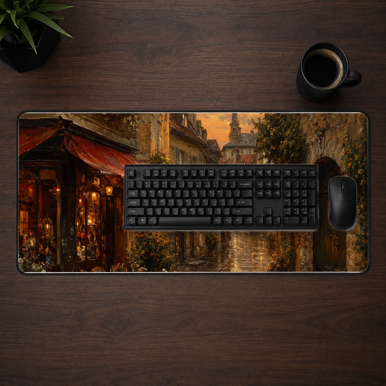 #pl[31.5x11.8 Inch (80x30cm)|Multicolor] Rainy Old Town Desk Mat 31.5x11.8 Inch, European Cafe Street Scene
