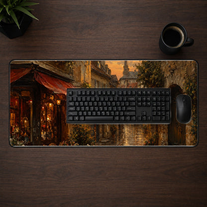 #pl[31.5x11.8 Inch (80x30cm)|Multicolor] Rainy Old Town Desk Mat 31.5x11.8 Inch, European Cafe Street Scene