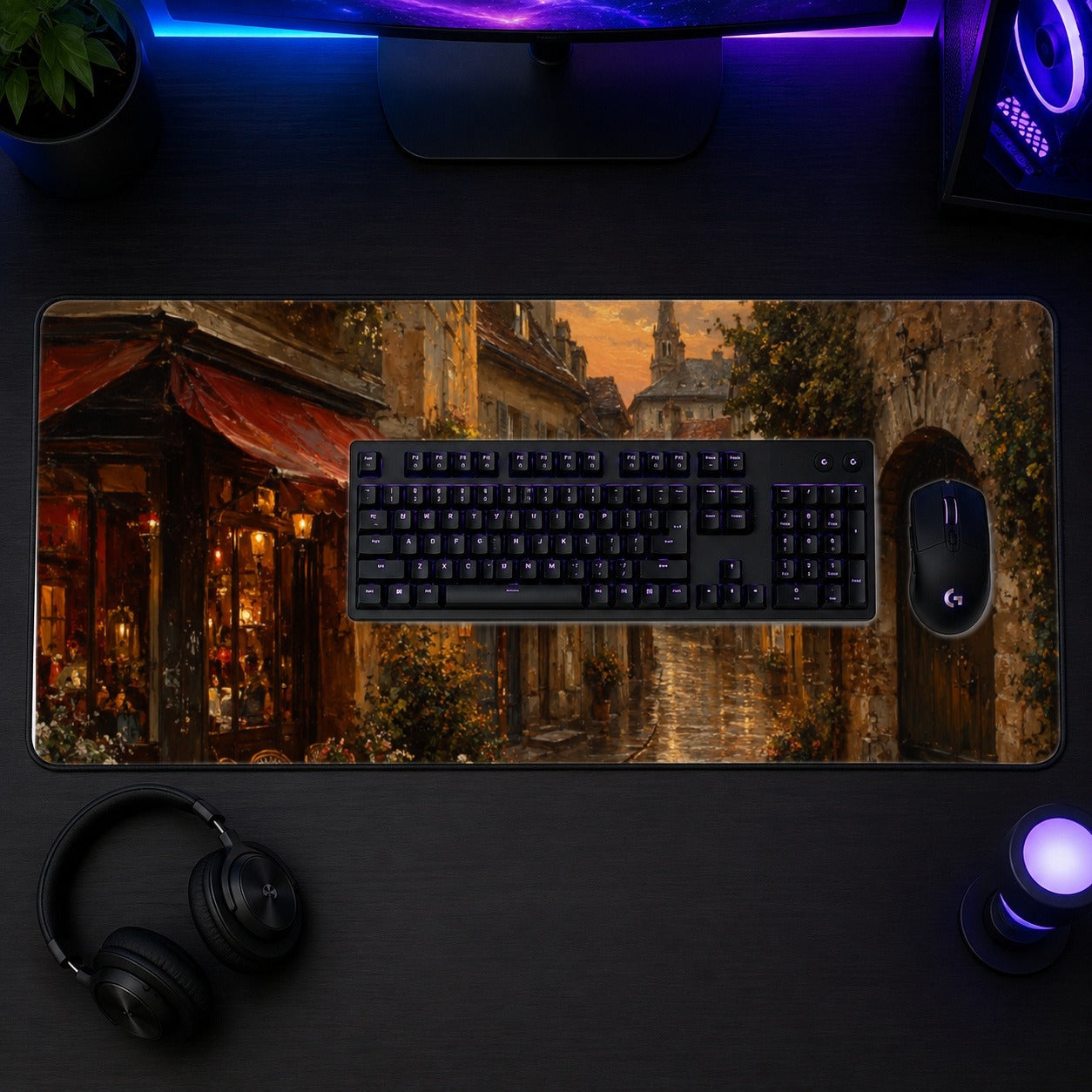 #pl[31.5x11.8 Inch (80x30cm)|Multicolor] Rainy Old Town Desk Mat 31.5x11.8 Inch, European Cafe Street Scene