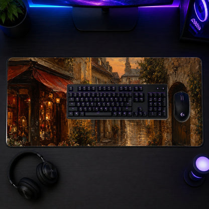 #pl[31.5x11.8 Inch (80x30cm)|Multicolor] Rainy Old Town Desk Mat 31.5x11.8 Inch, European Cafe Street Scene