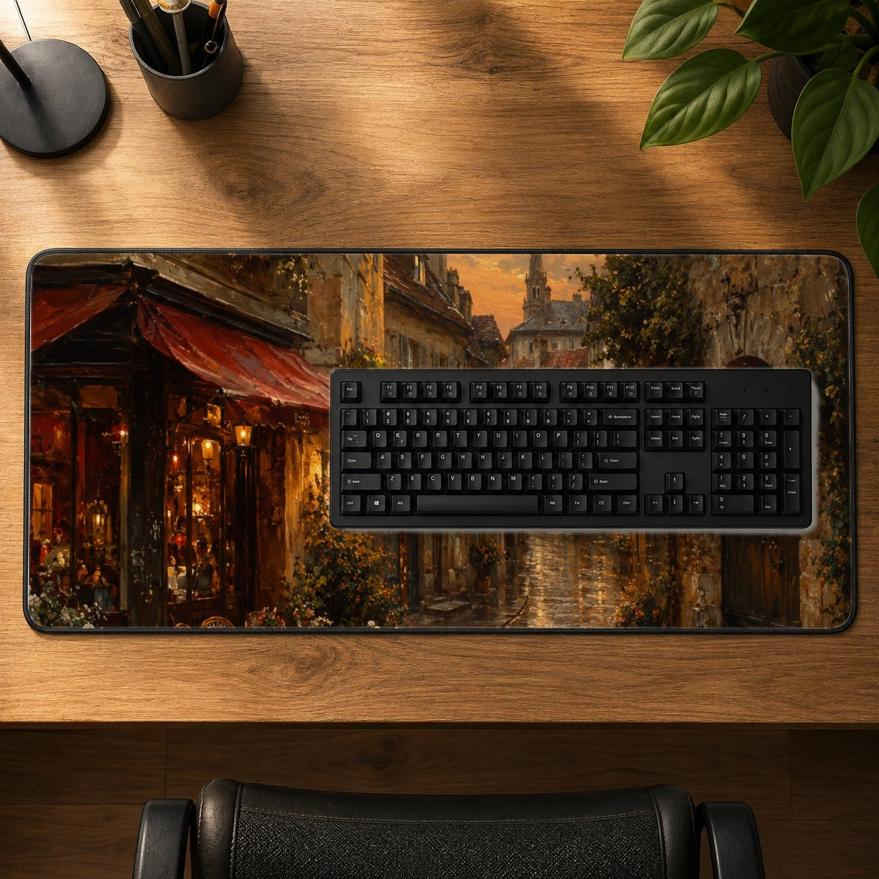 #pl[31.5x11.8 Inch (80x30cm)|Multicolor] Rainy Old Town Desk Mat 31.5x11.8 Inch, European Cafe Street Scene