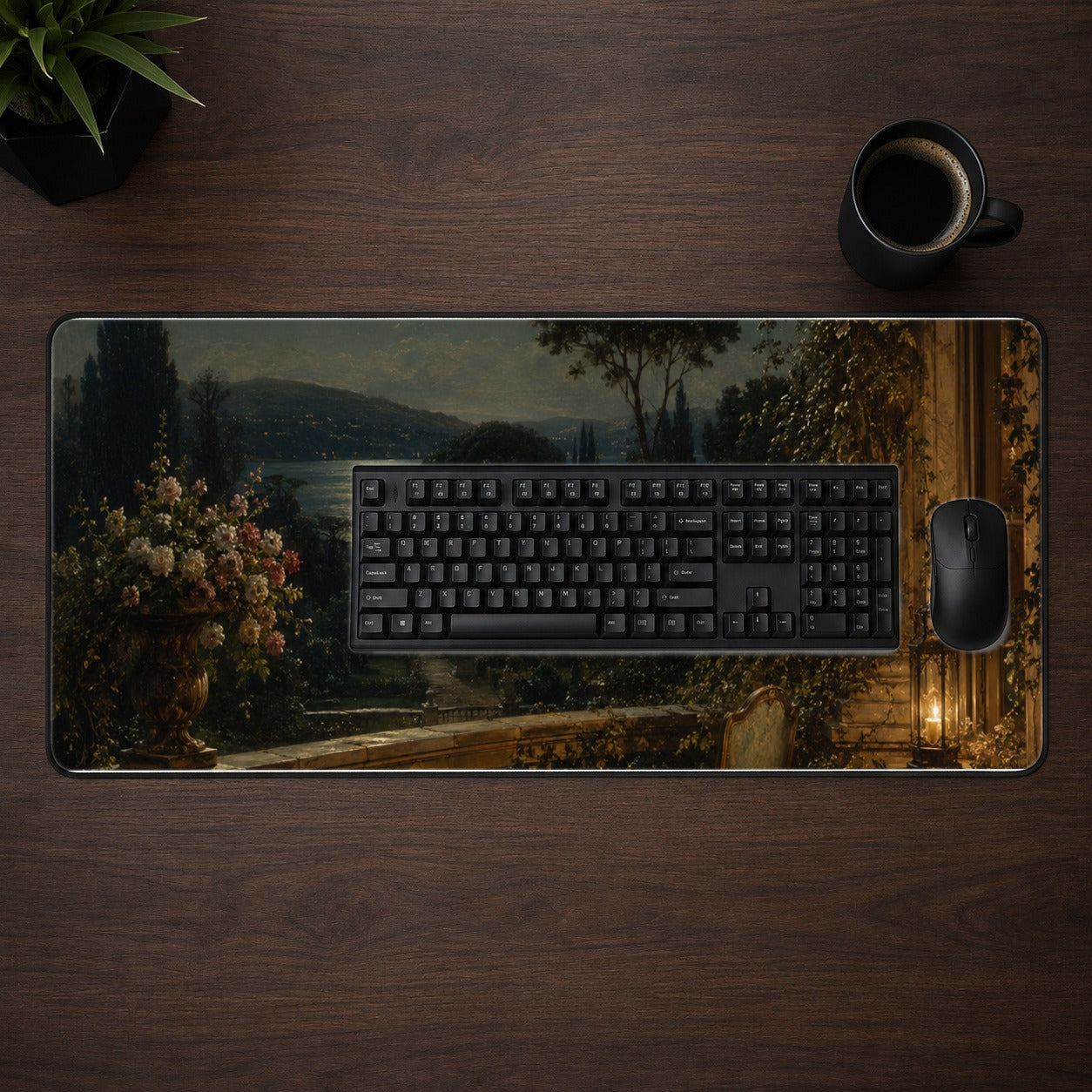 #pl[31.5x11.8 Inch (80x30cm)|Multicolor] Moonlit Terrace Desk Mat 31.5x11.8 Inch, Romantic Garden Night Scene