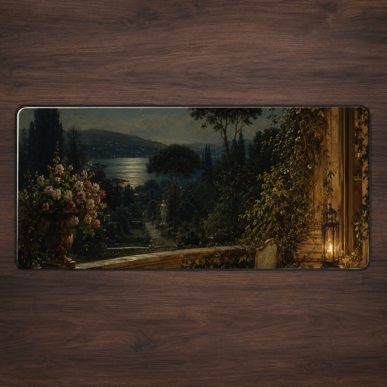 Moonlit Terrace Desk Mat 31.5x11.8 Inch, Romantic Garden Night Scene