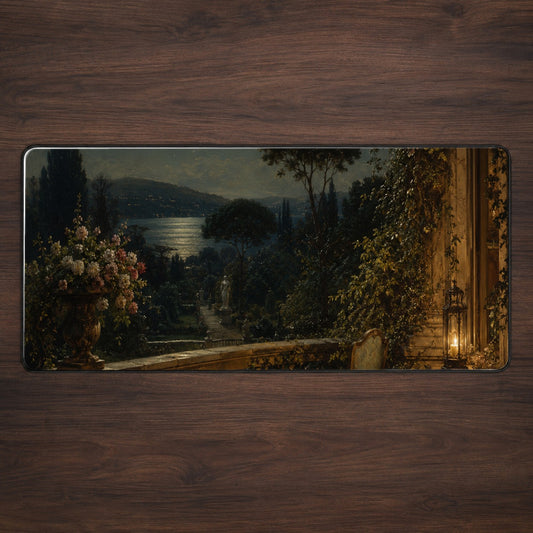 Moonlit Terrace Desk Mat 31.5x11.8 Inch, Romantic Garden Night Scene