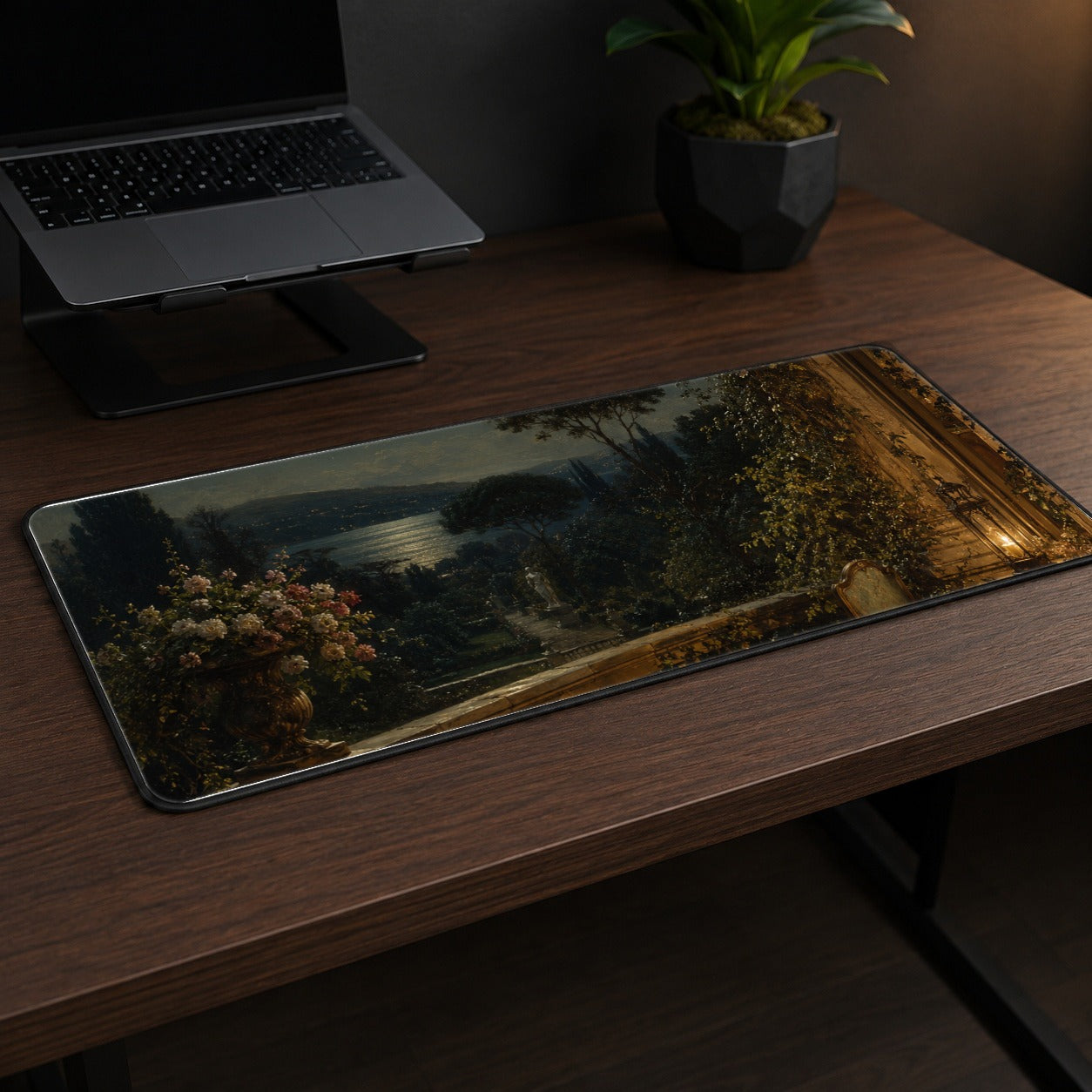 #pl[31.5x11.8 Inch (80x30cm)|Multicolor] Moonlit Terrace Desk Mat 31.5x11.8 Inch, Romantic Garden Night Scene