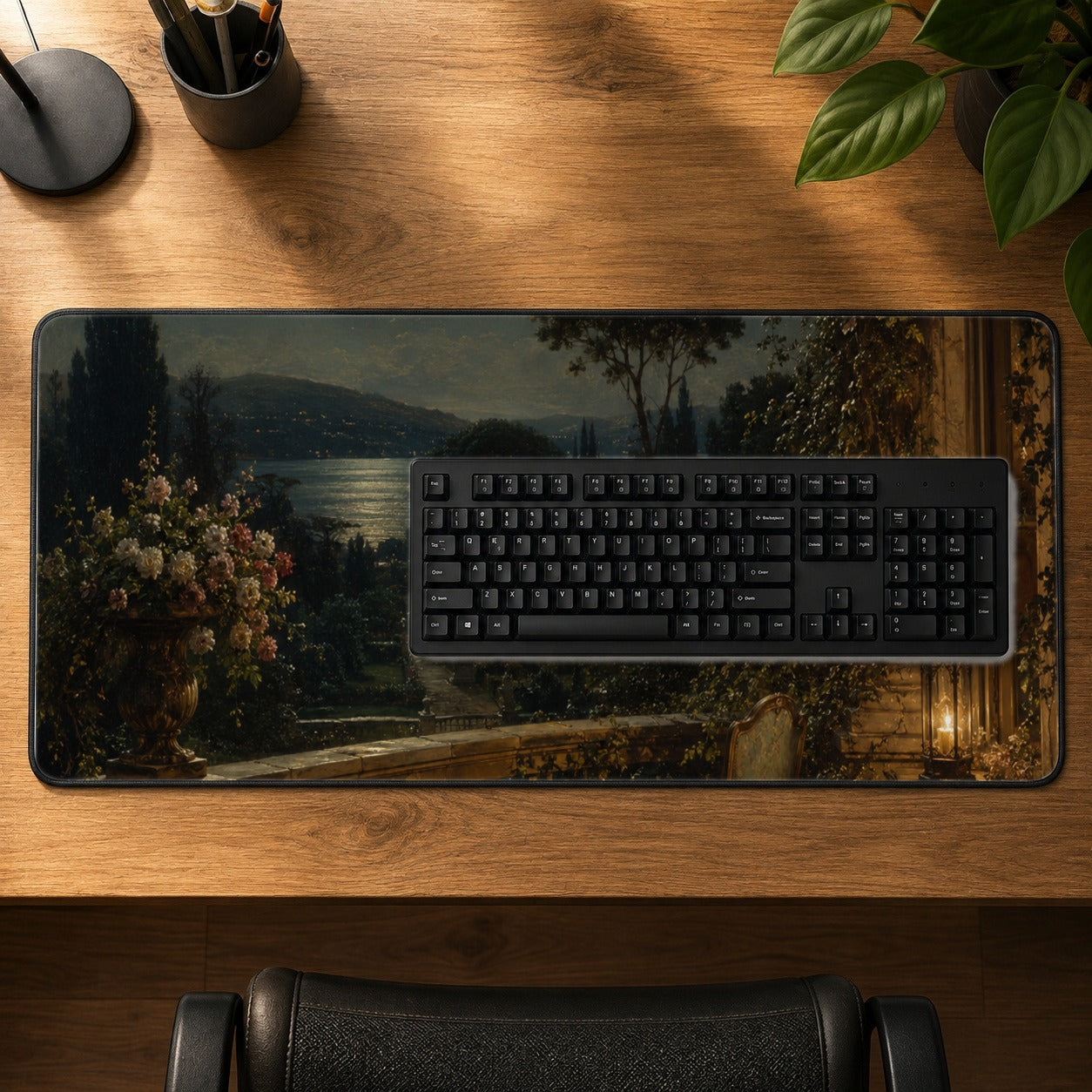 #pl[31.5x11.8 Inch (80x30cm)|Multicolor] Moonlit Terrace Desk Mat 31.5x11.8 Inch, Romantic Garden Night Scene