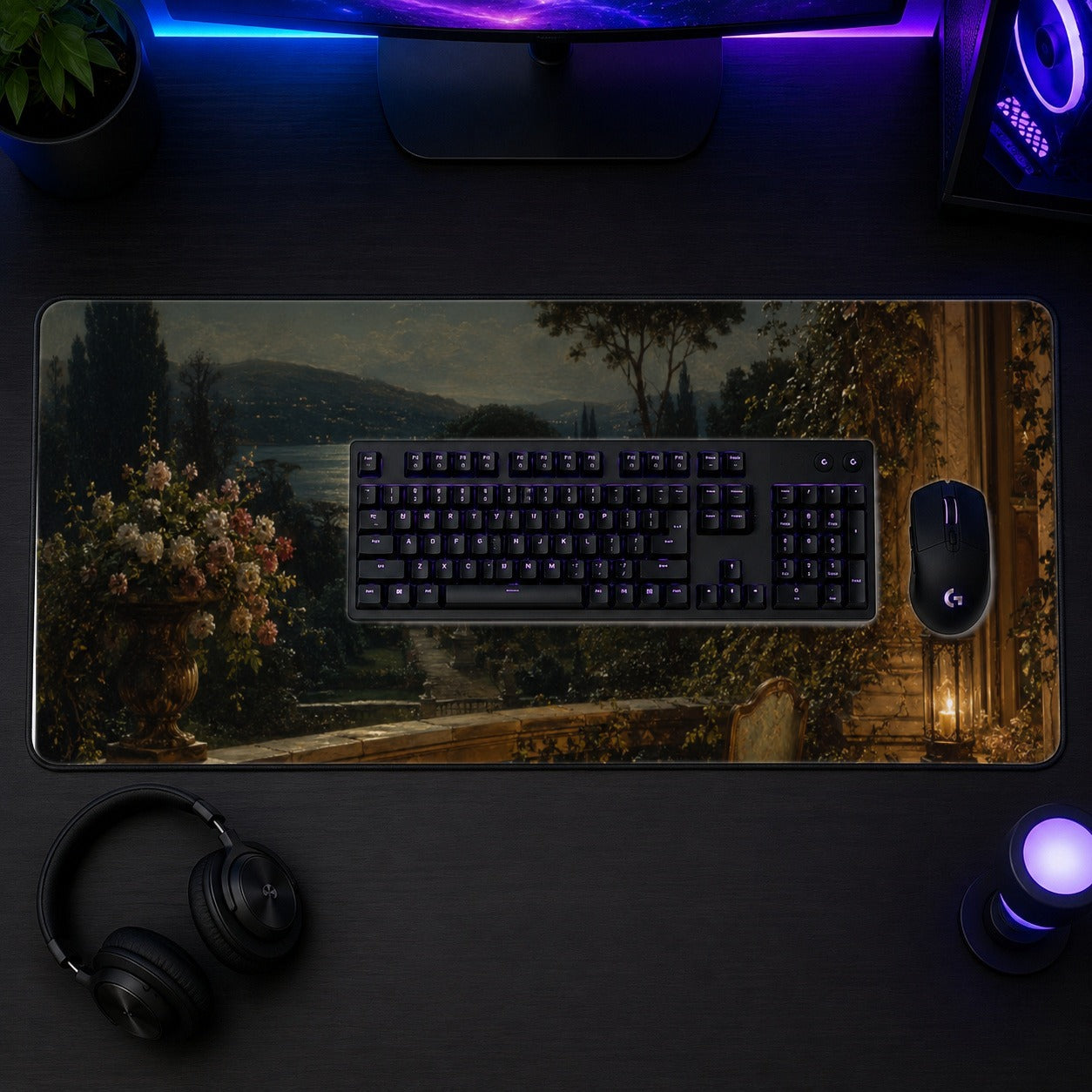 #pl[31.5x11.8 Inch (80x30cm)|Multicolor] Moonlit Terrace Desk Mat 31.5x11.8 Inch, Romantic Garden Night Scene