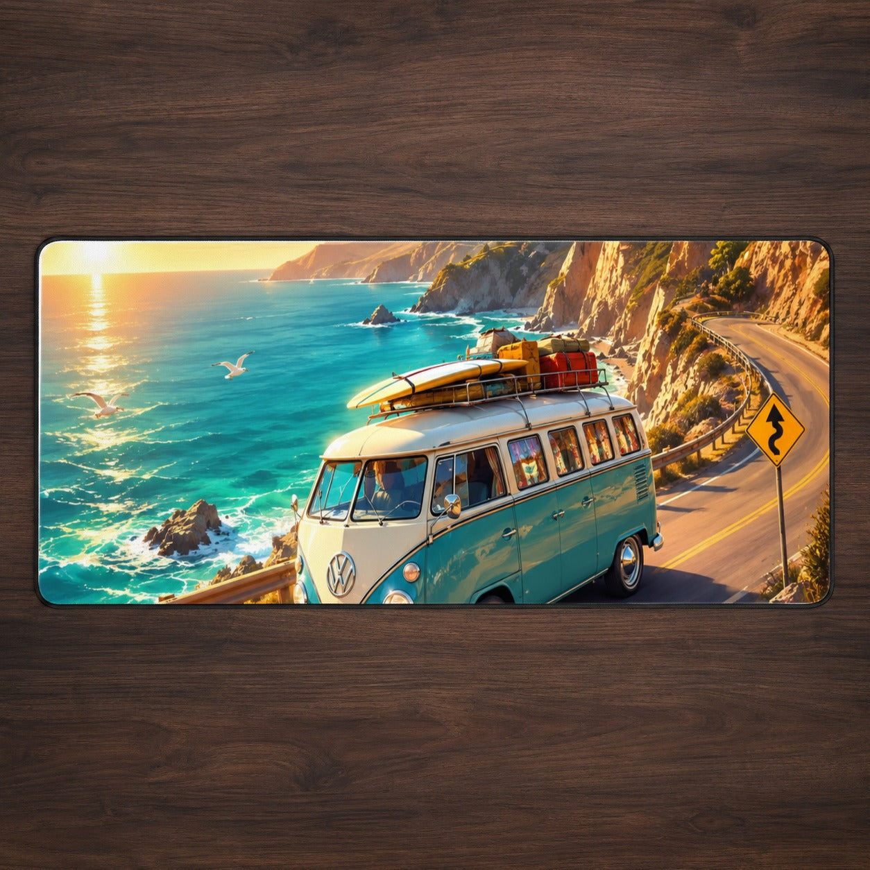 Retro Camper Van Desk Mat 31.5x11.8 Inch, Coastal Road Adventure