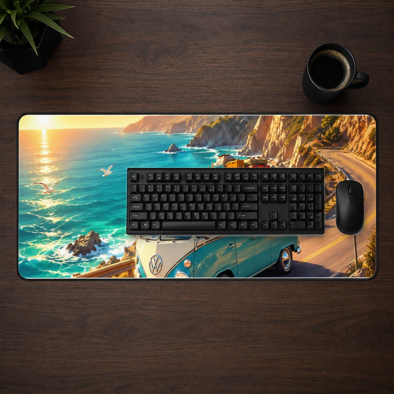 #pl[31.5x11.8 Inch (80x30cm)|Multicolor] Retro Camper Van Desk Mat 31.5x11.8 Inch, Coastal Road Adventure