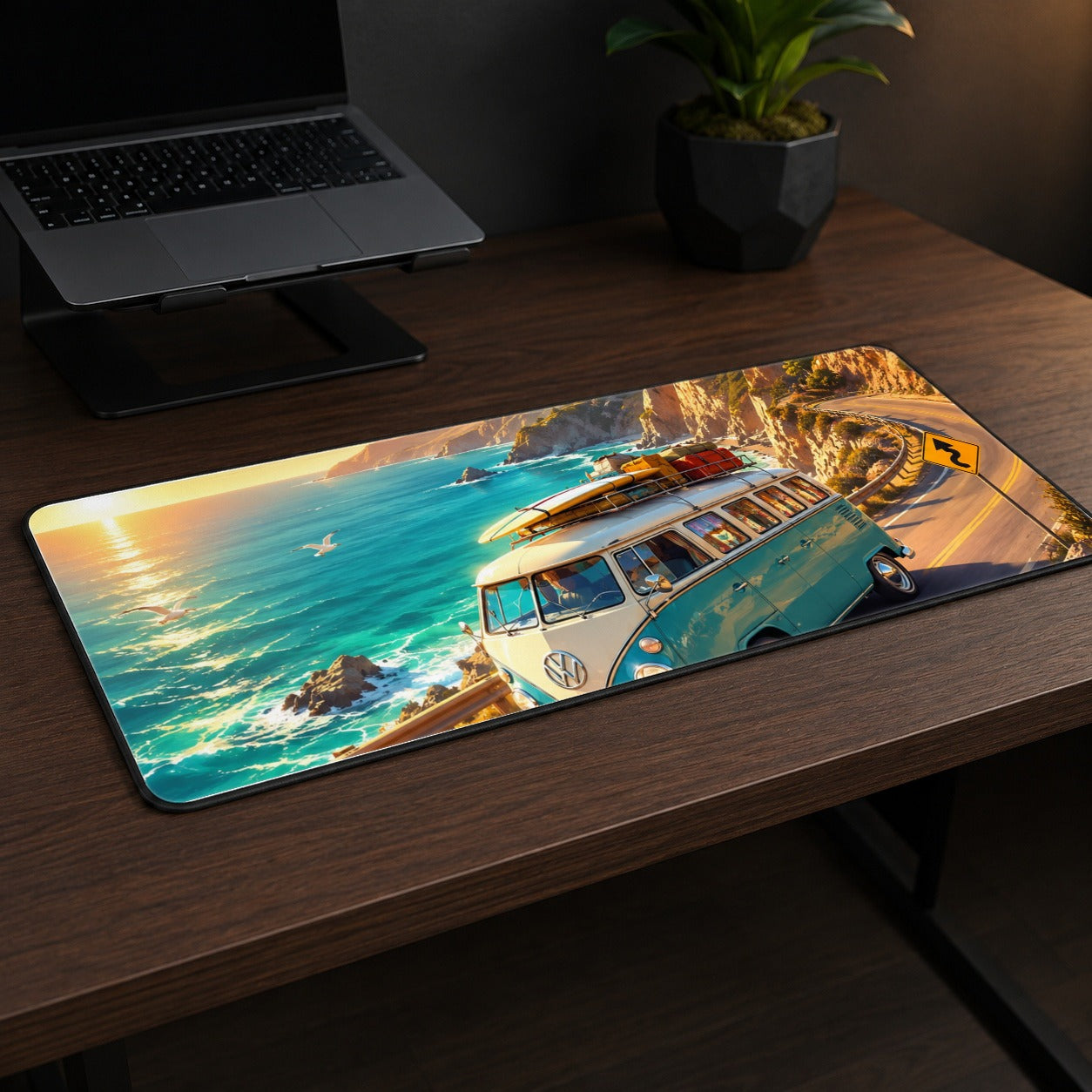 #pl[31.5x11.8 Inch (80x30cm)|Multicolor] Retro Camper Van Desk Mat 31.5x11.8 Inch, Coastal Road Adventure
