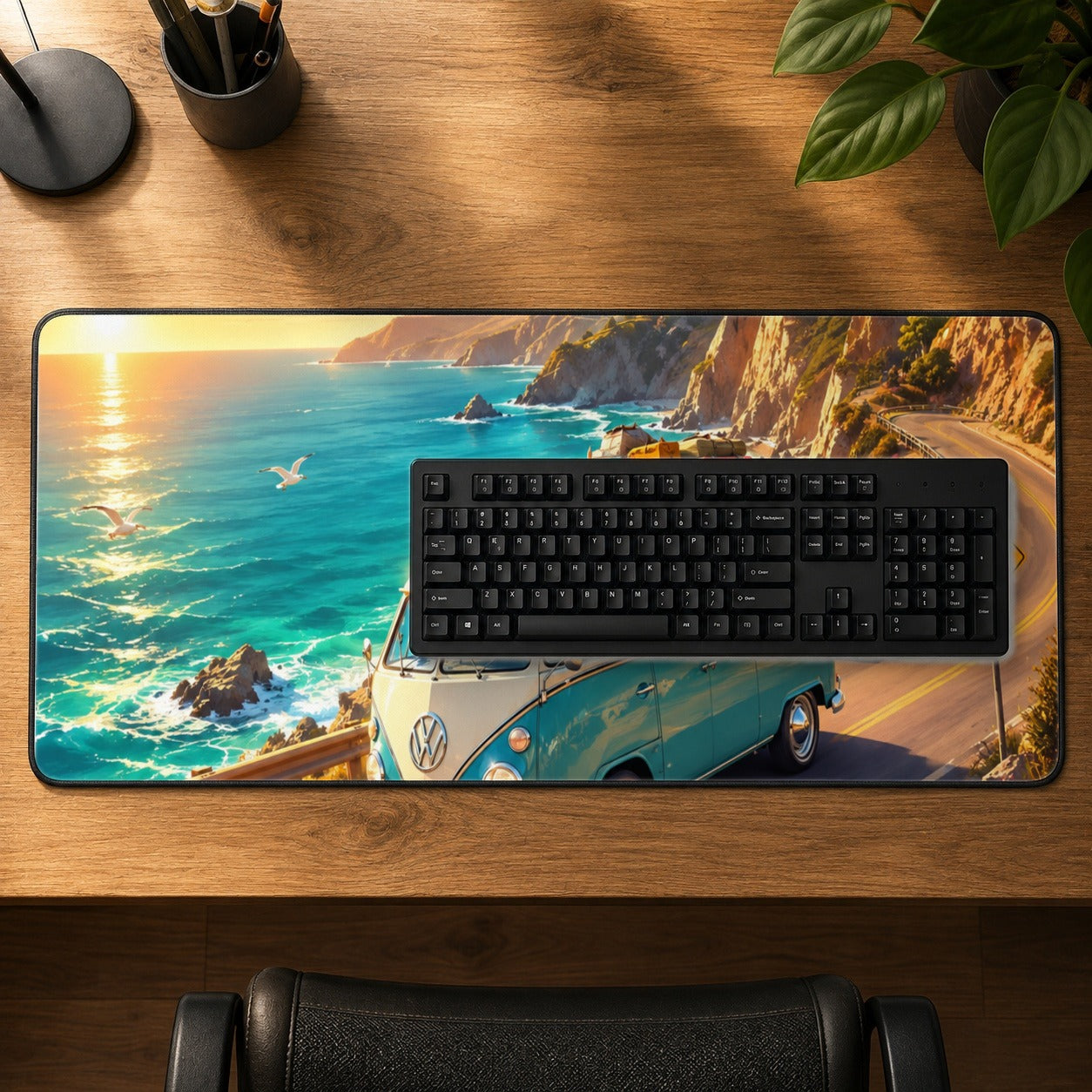 #pl[31.5x11.8 Inch (80x30cm)|Multicolor] Retro Camper Van Desk Mat 31.5x11.8 Inch, Coastal Road Adventure