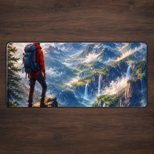 Mountain Hiker Desk Mat 31.5x11.8 Inch, Alpine Valley Adventure