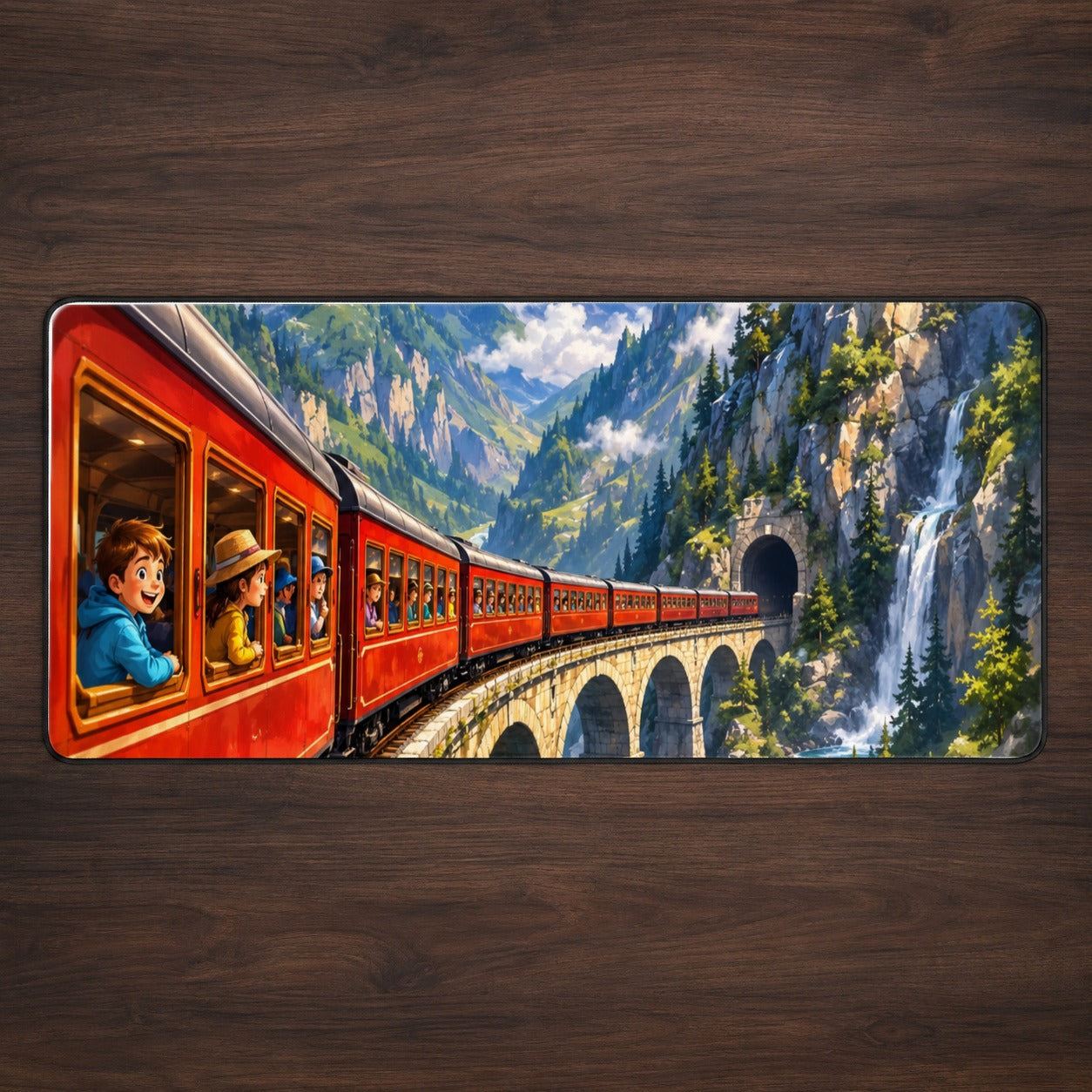 Mountain Train Desk Mat 31.5x11.8 Inch, Alpine Railway Adventure