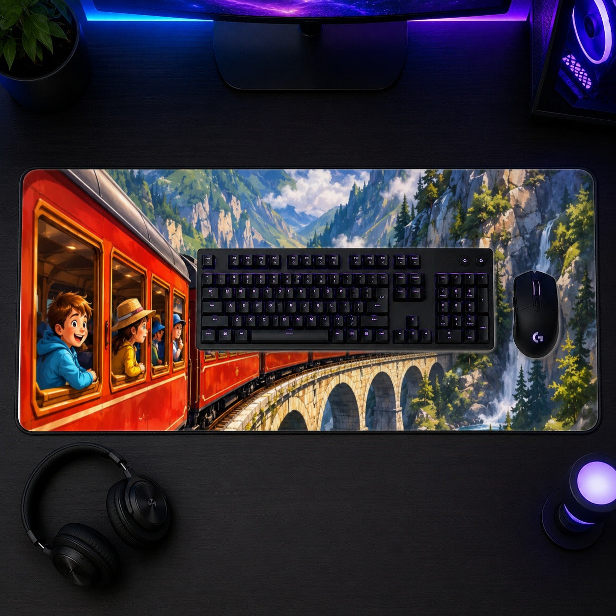 #pl[31.5x11.8 Inch (80x30cm)|Multicolor] Mountain Train Desk Mat 31.5x11.8 Inch, Alpine Railway Adventure
