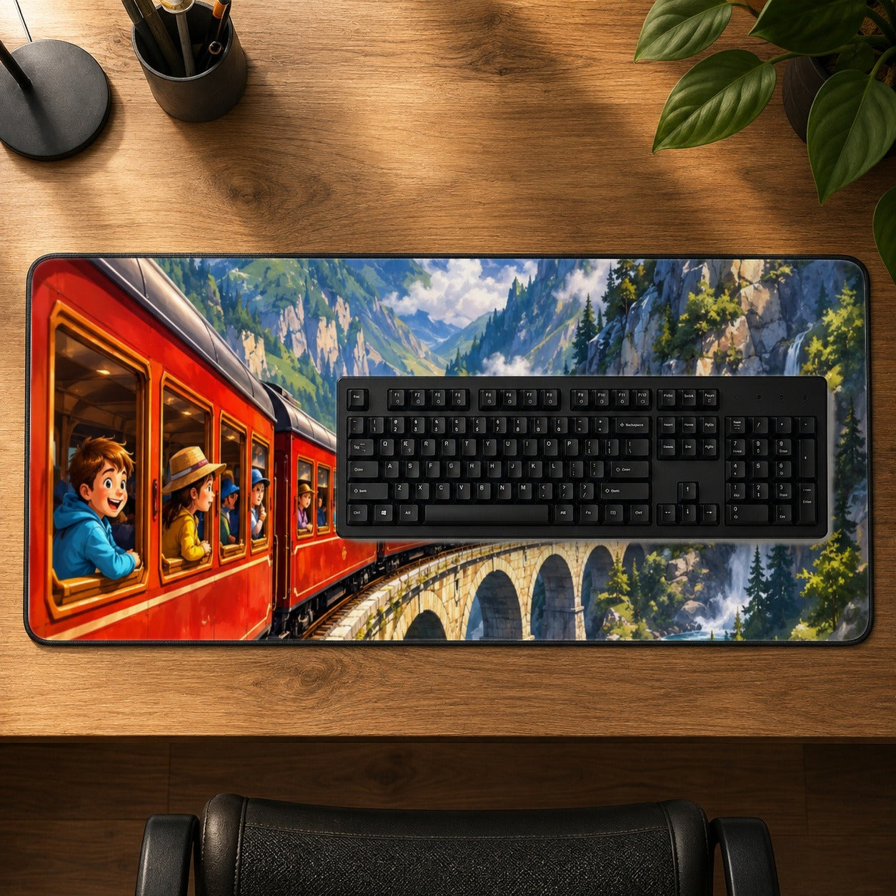 #pl[31.5x11.8 Inch (80x30cm)|Multicolor] Mountain Train Desk Mat 31.5x11.8 Inch, Alpine Railway Adventure