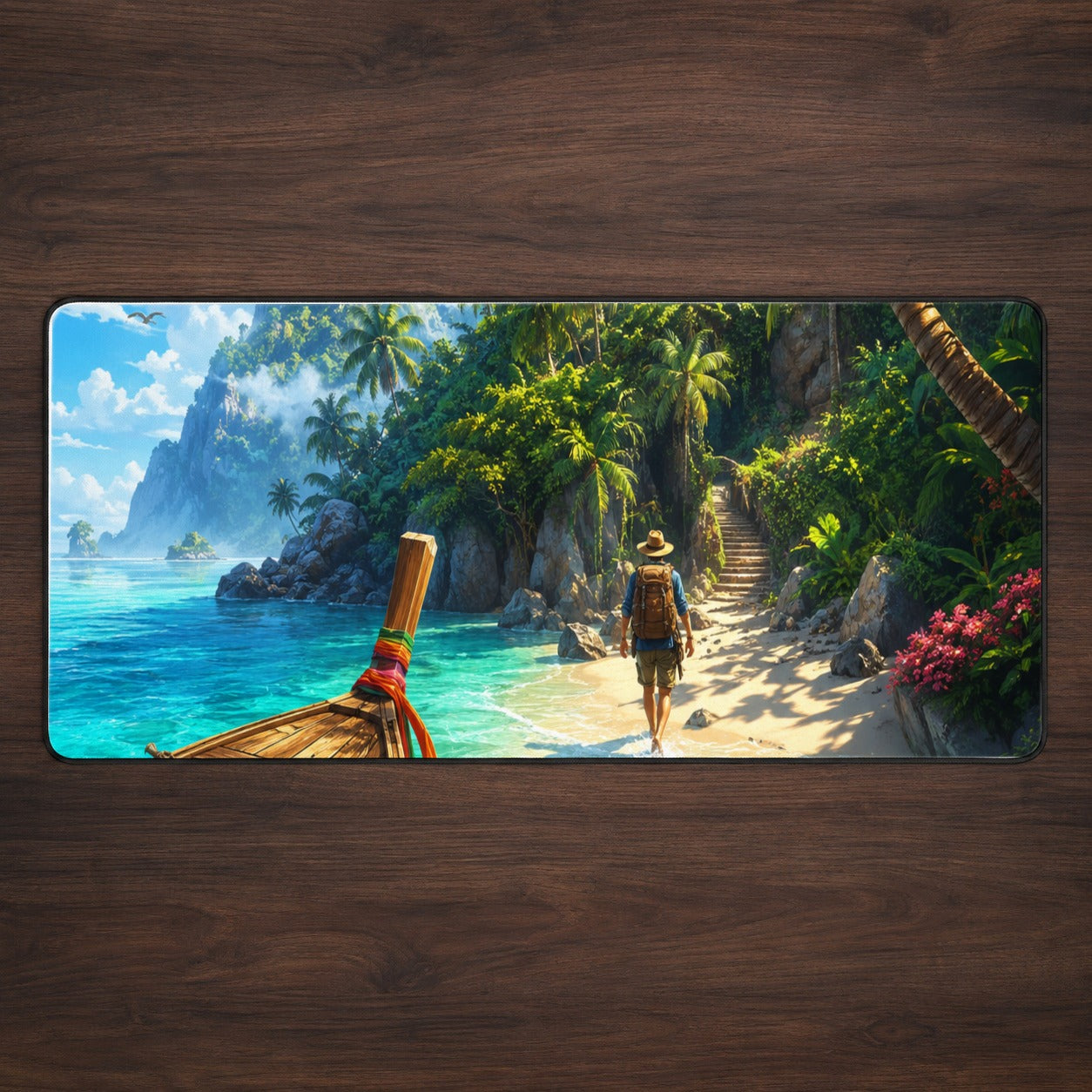 Tropical Island Desk Mat 31.5x11.8 Inch, Lagoon Beach Adventure