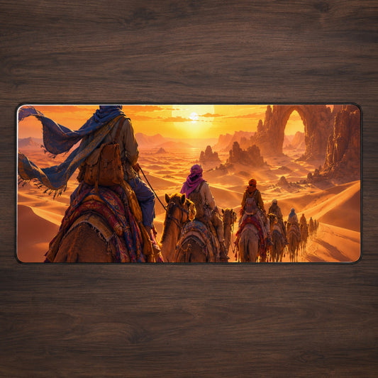Desert Caravan Desk Mat 31.5x11.8 Inch, Camel Sunset Adventure