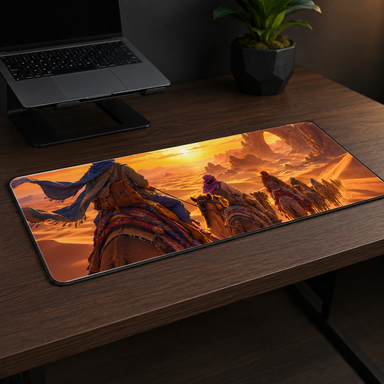 #pl[31.5x11.8 Inch (80x30cm)|Multicolor] Desert Caravan Desk Mat 31.5x11.8 Inch, Camel Sunset Adventure