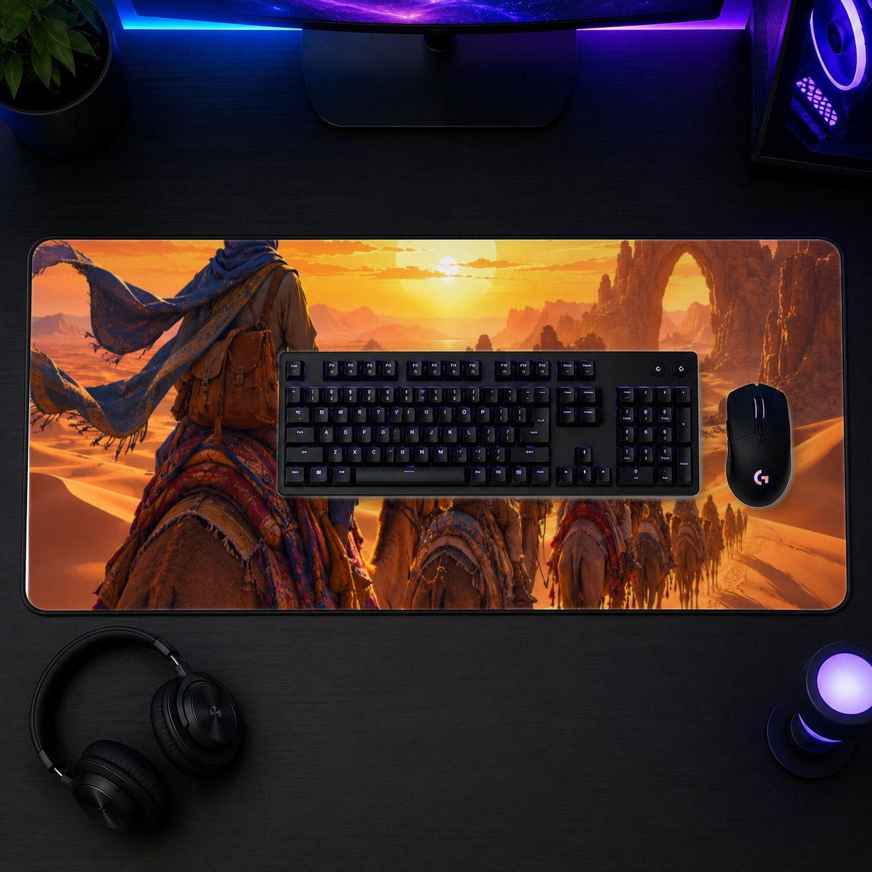 #pl[31.5x11.8 Inch (80x30cm)|Multicolor] Desert Caravan Desk Mat 31.5x11.8 Inch, Camel Sunset Adventure