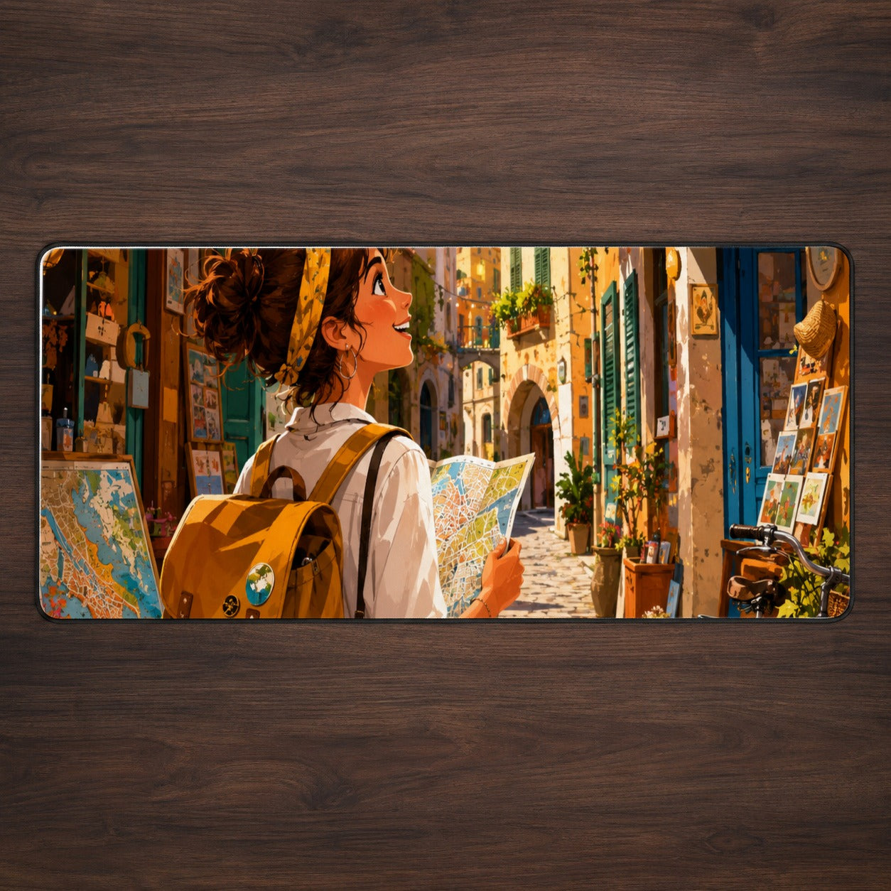 City Traveler Desk Mat 31.5x11.8 Inch, Colorful Old Town Adventure