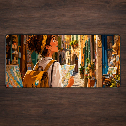 City Traveler Desk Mat 31.5x11.8 Inch, Colorful Old Town Adventure
