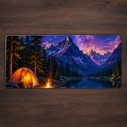 Milky Way Camping Desk Mat 31.5x11.8 Inch, Mountain Lake Night