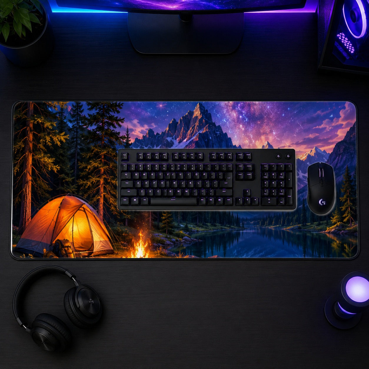 #pl[31.5x11.8 Inch (80x30cm)|Multicolor] Milky Way Camping Desk Mat 31.5x11.8 Inch, Mountain Lake Night