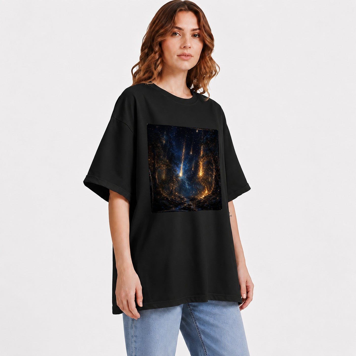 #pl[Black] Meteor Shower Forest Graphic T-Shirt, Celestial Woodland Art