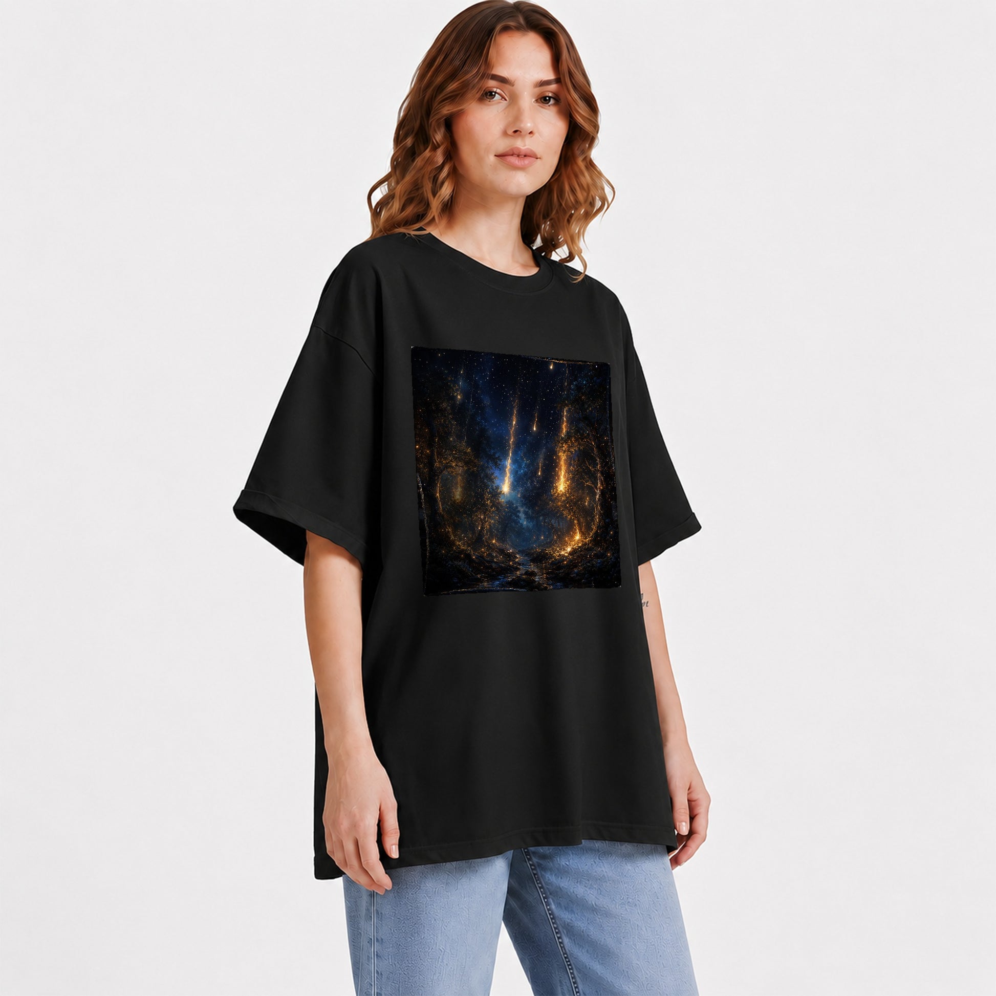 #pl[Black] Meteor Shower Forest Graphic T-Shirt, Celestial Woodland Art