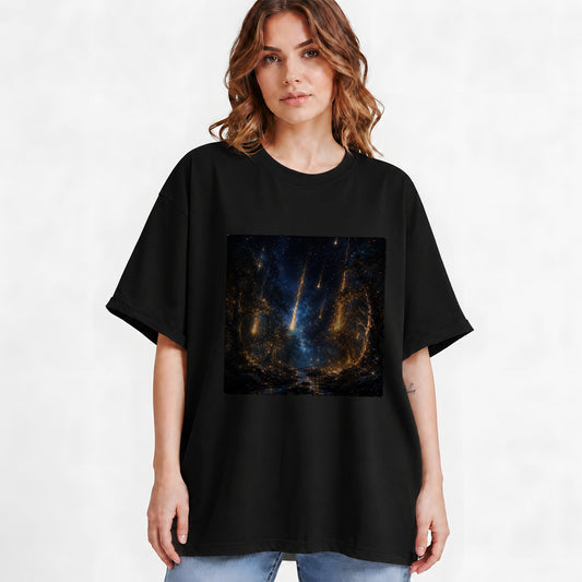 #pl[Black] Meteor Shower Forest Graphic T-Shirt, Celestial Woodland Art