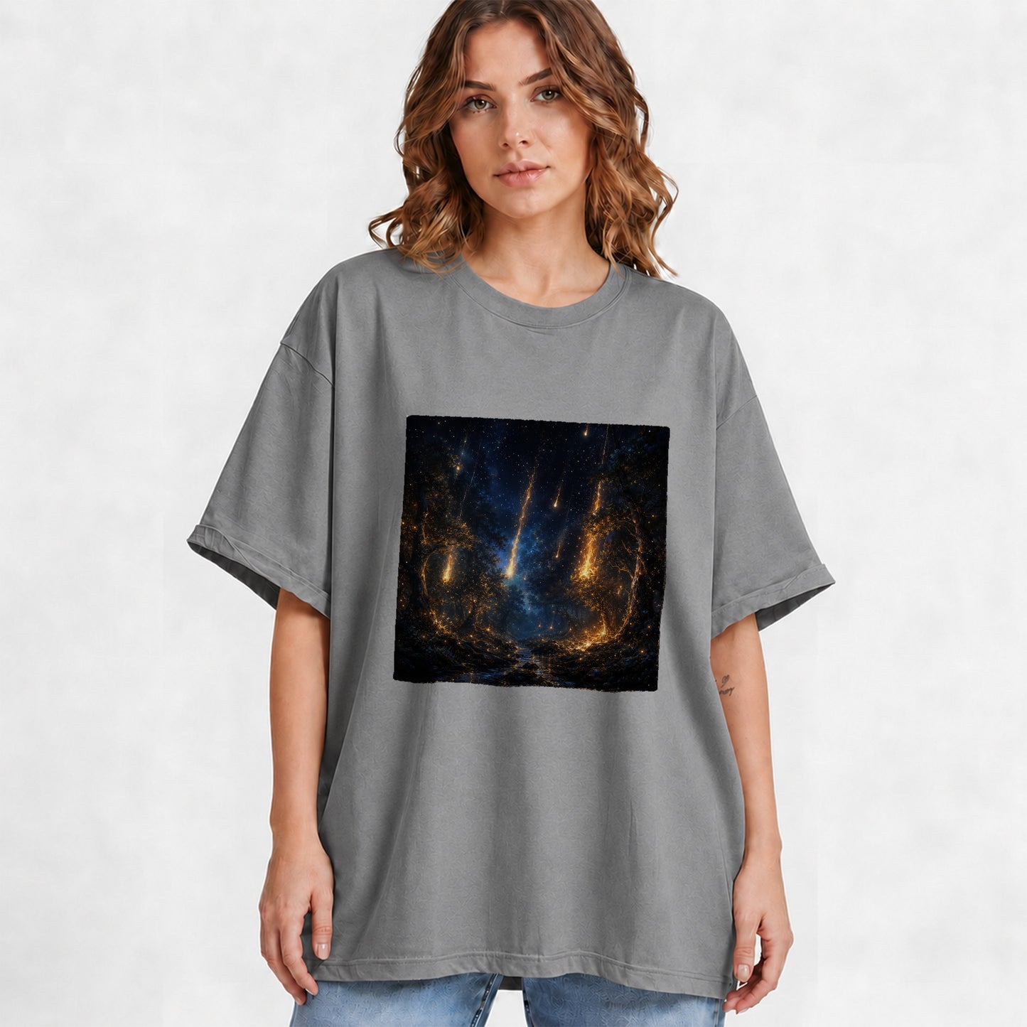 #pl[Gray] Meteor Shower Forest Graphic T-Shirt, Celestial Woodland Art