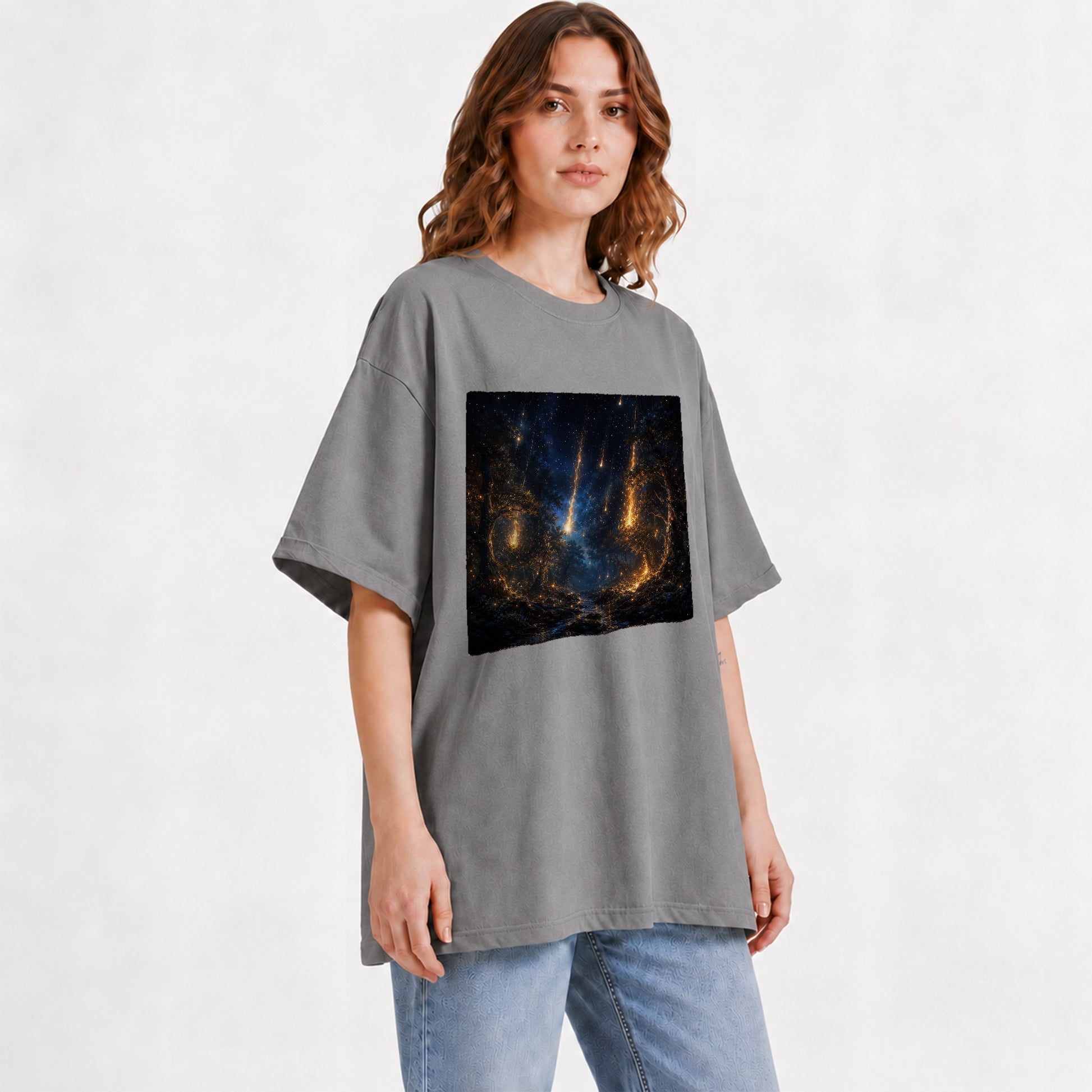 #pl[Gray] Meteor Shower Forest Graphic T-Shirt, Celestial Woodland Art
